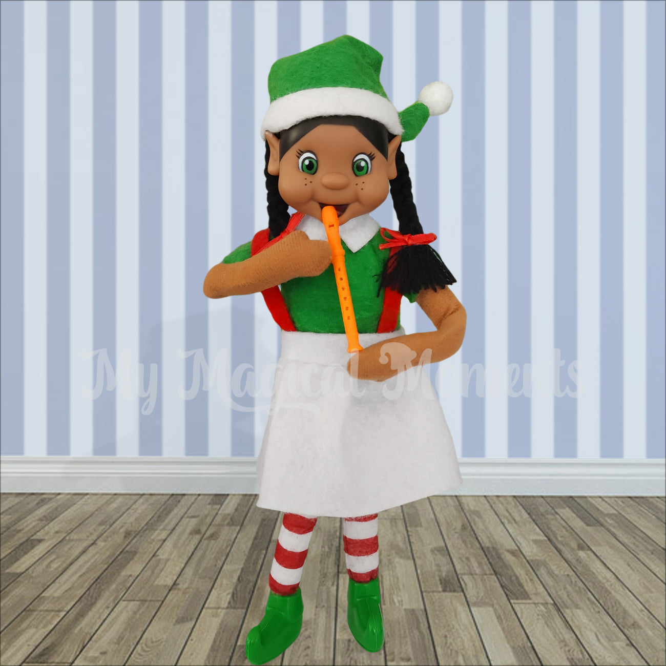 My elf friend standing and playing an orange recorder