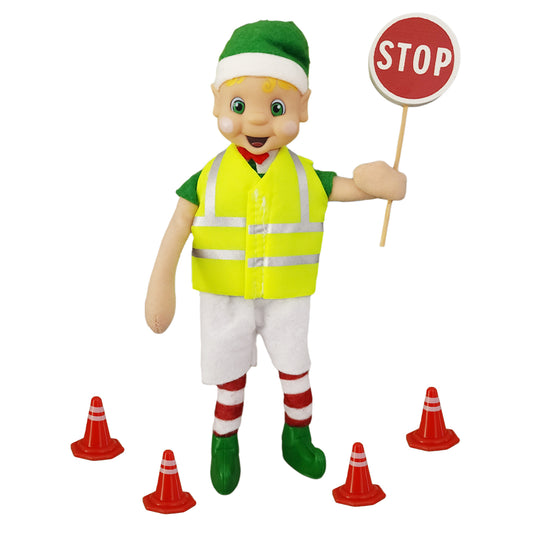 Road worker elf costume holding stop sign and witches hats