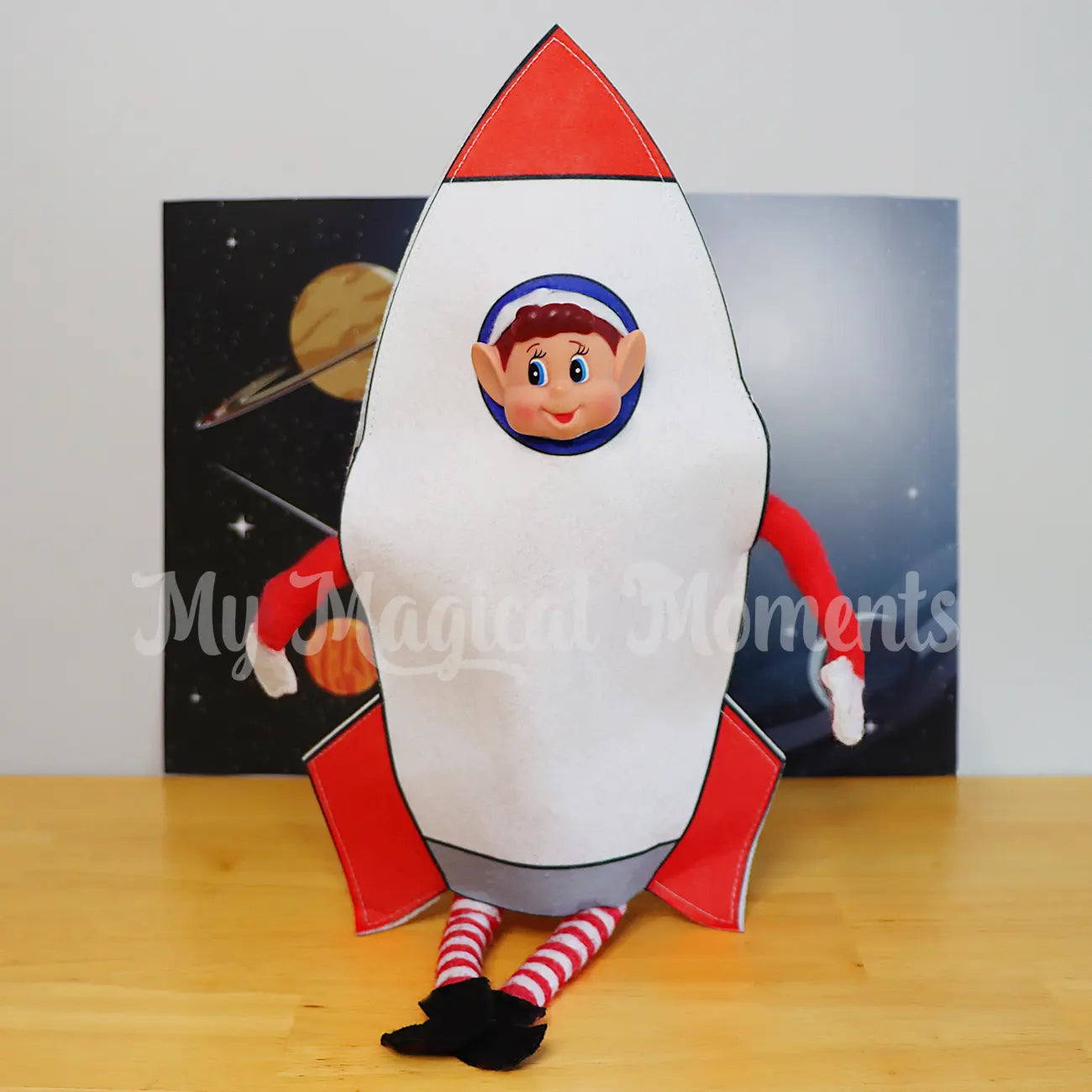 elf wearing a rocket costume in a space scene