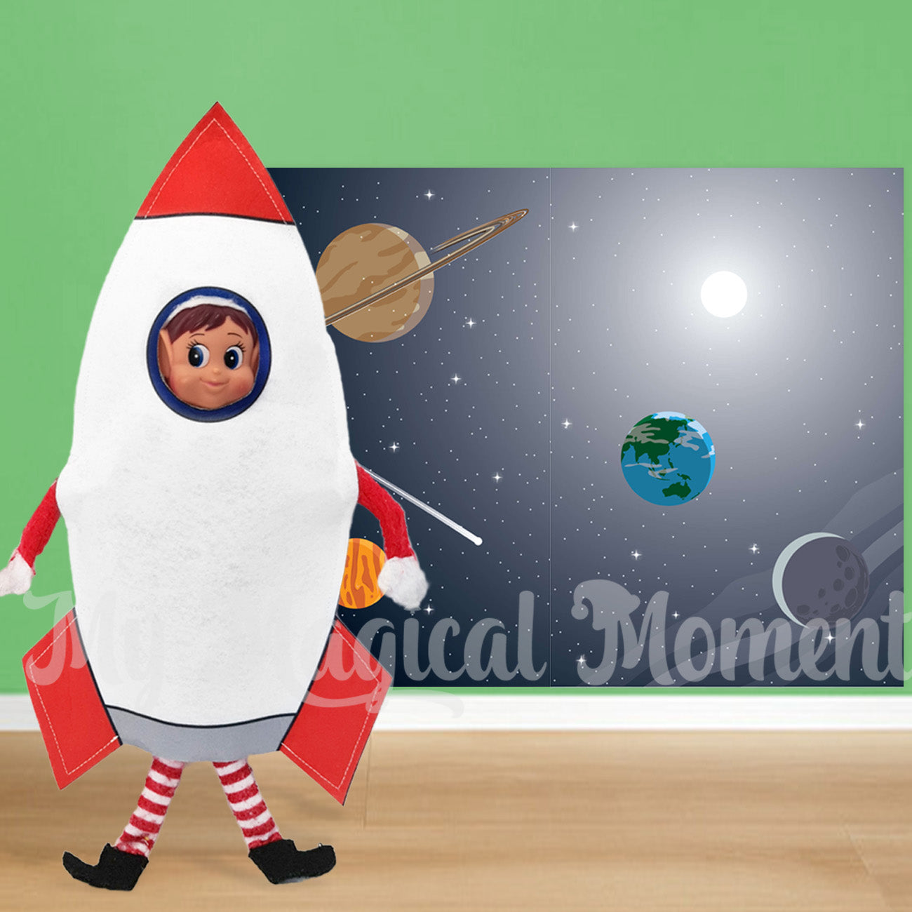 Elf wearing an Rocketship costume in front of a space scene printable