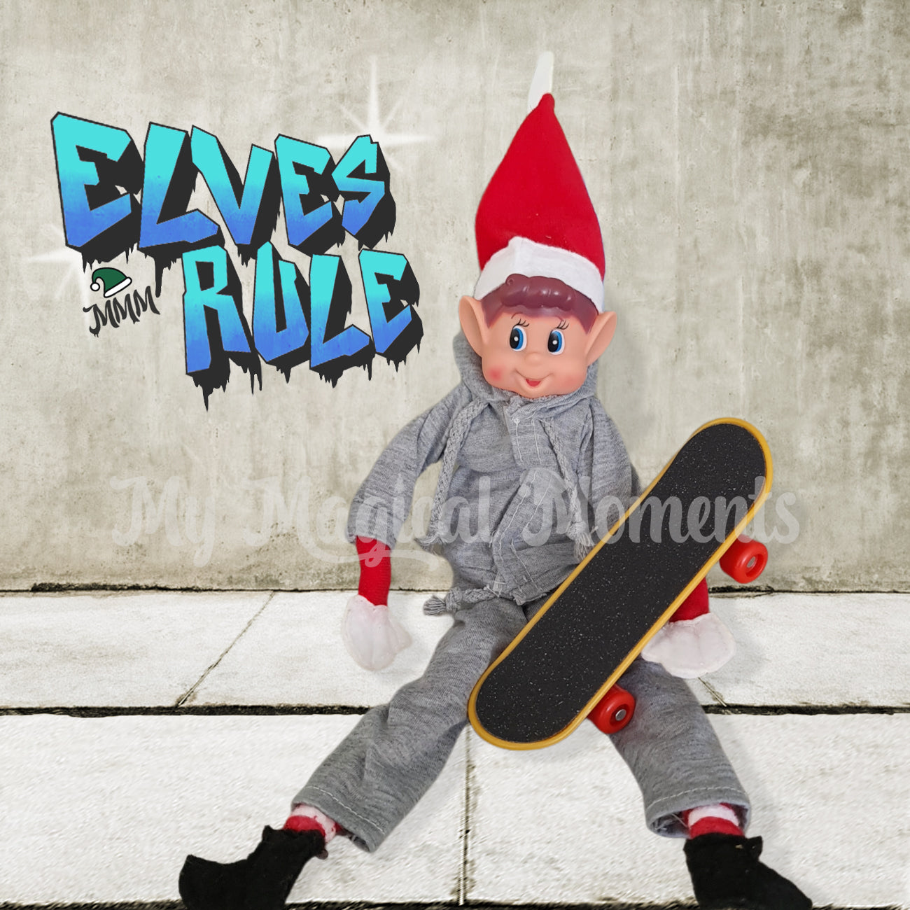 Elves behavin badly wearing a tracksuit and holding a elf skateboard