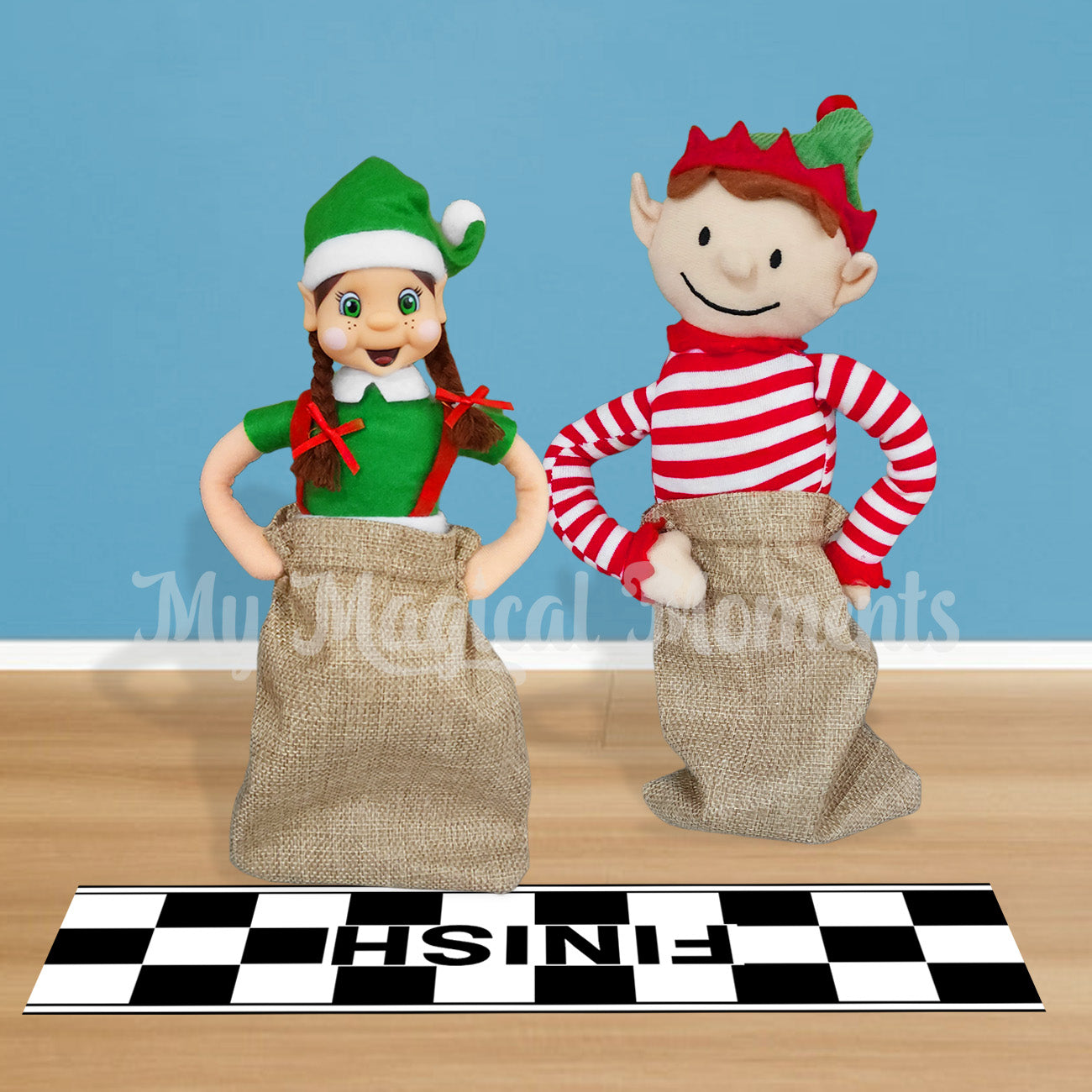 Sack Race elves racing to the finish line.