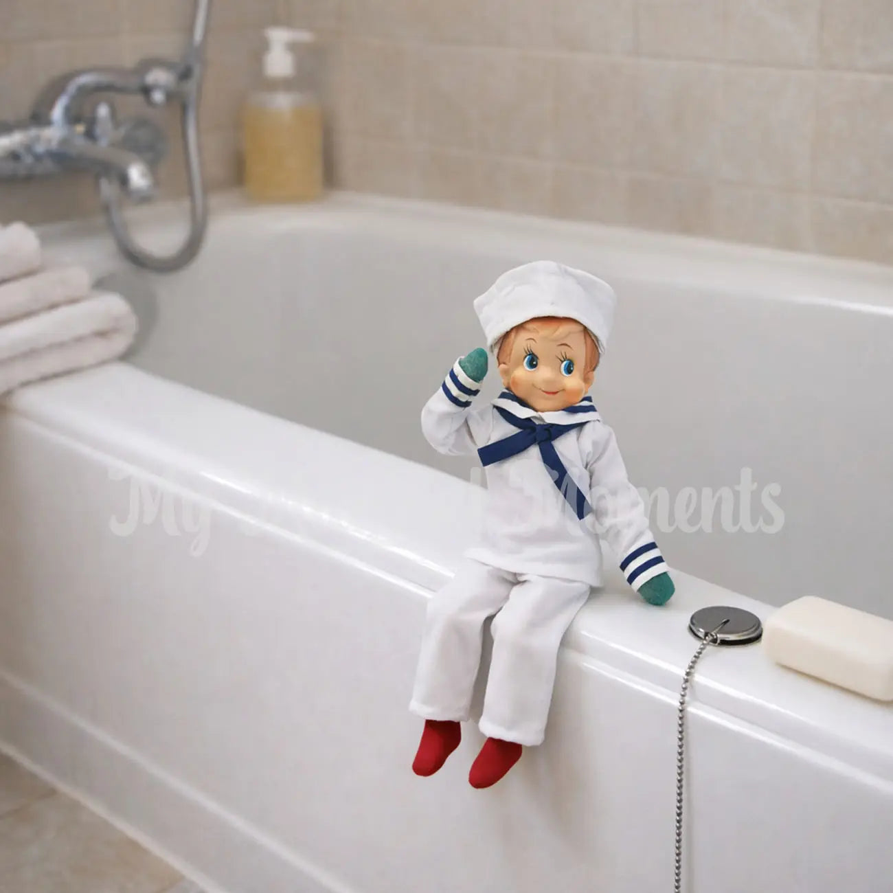 Elf wearing a sailor Costume at the bathtub