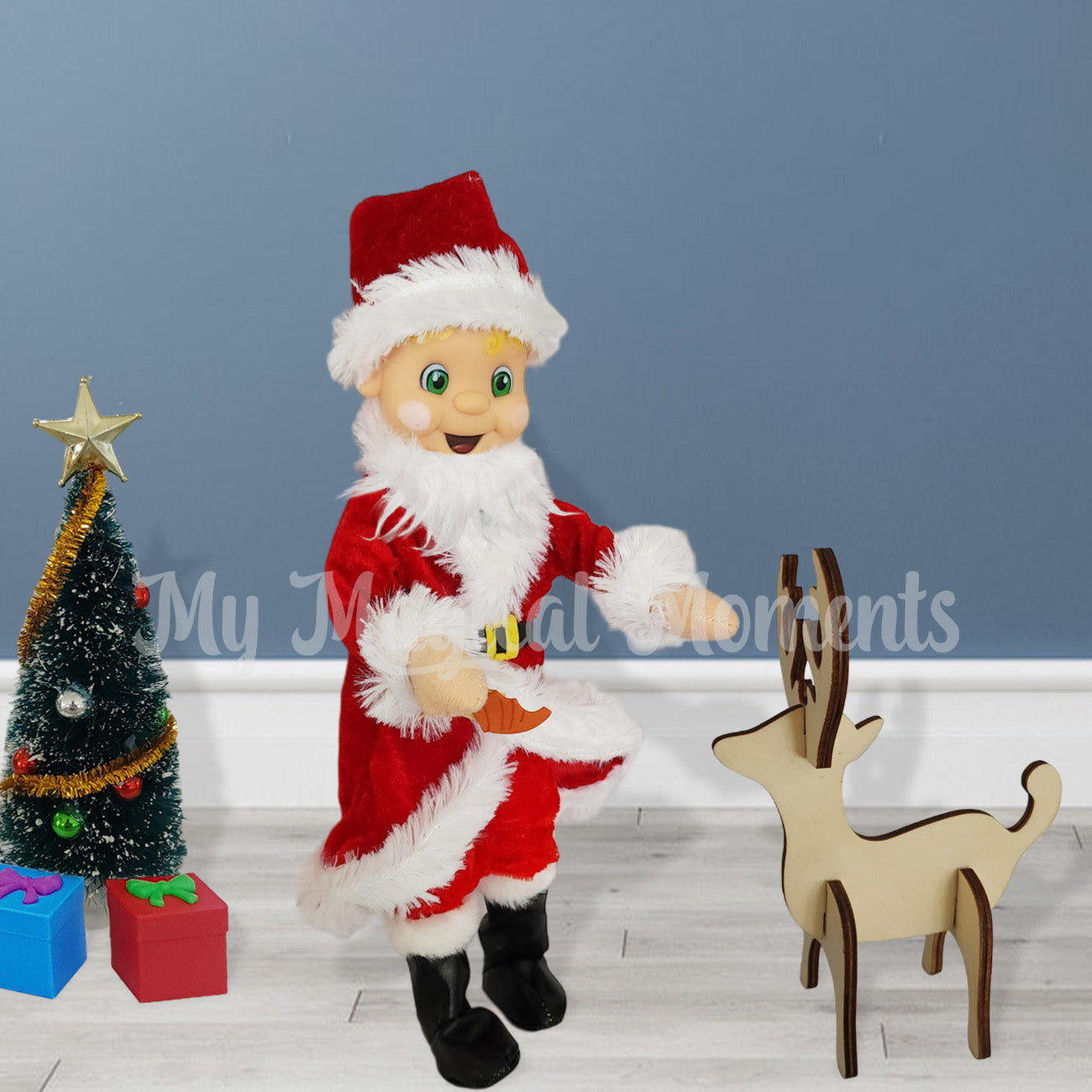 Santa feeding Reindeer with a chirstmas tree