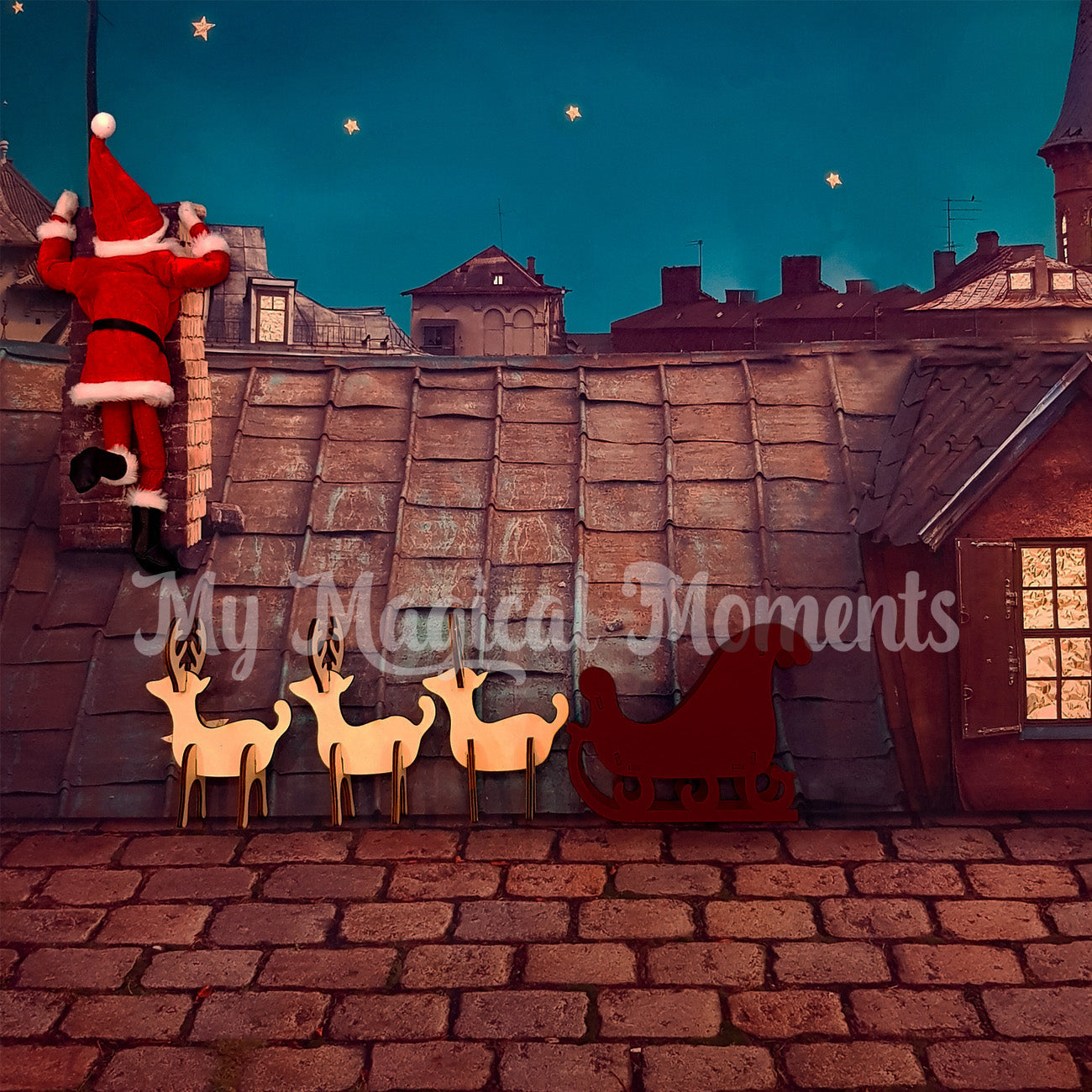 Santa elf on the roof with sleigh and reindeers