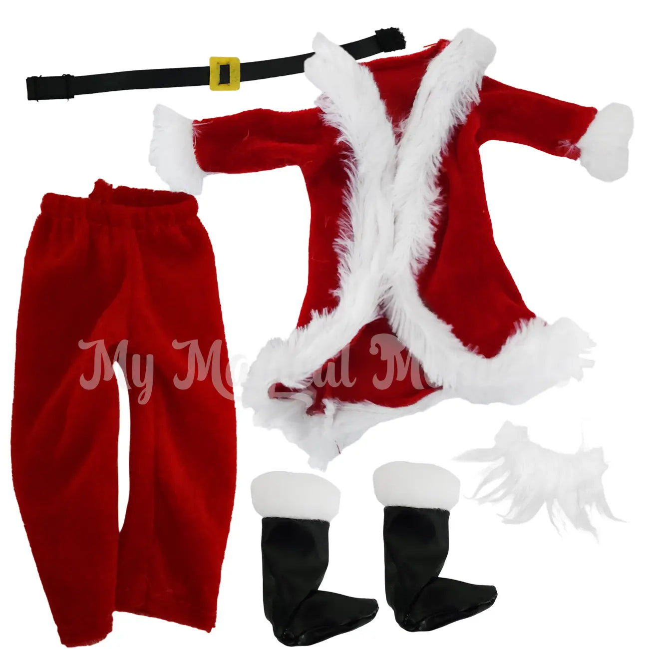 Santa elf costume, jacket, pants, beard and santa boots