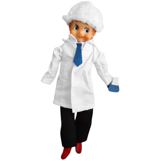 Scientist elf costume, white lab coat, tie, wig, black pants and beaker
