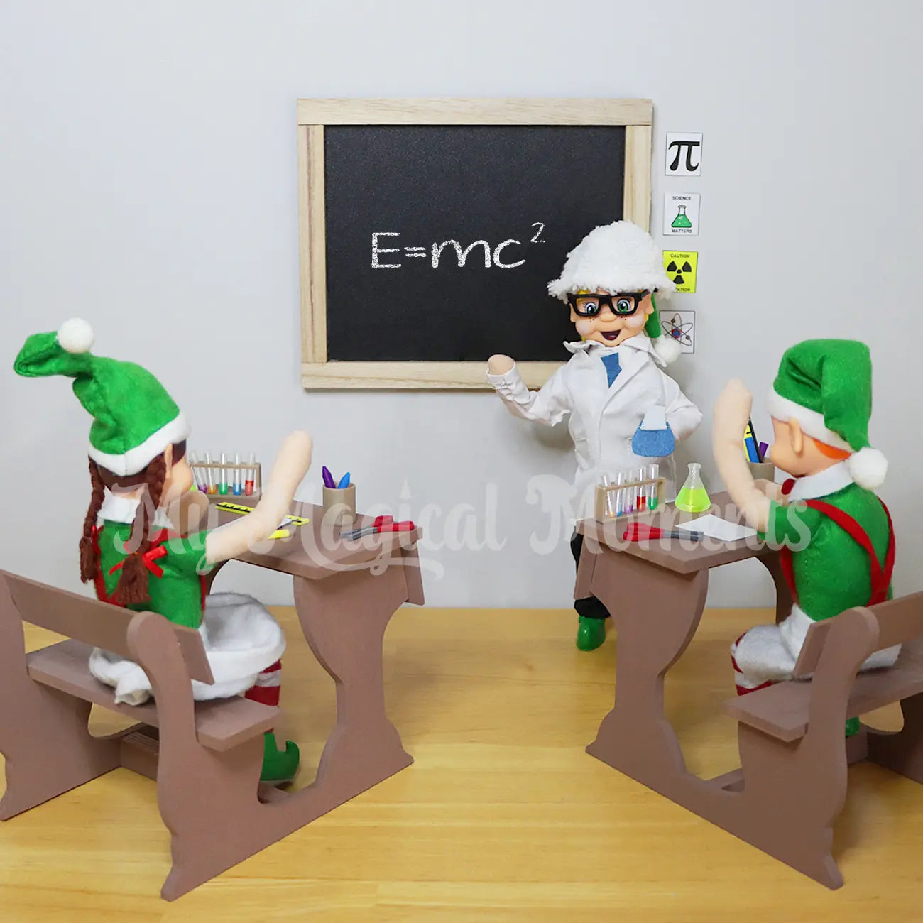 Elf dressed as a scientist teaching elves in mini school desks, Stationery and chemistry sets