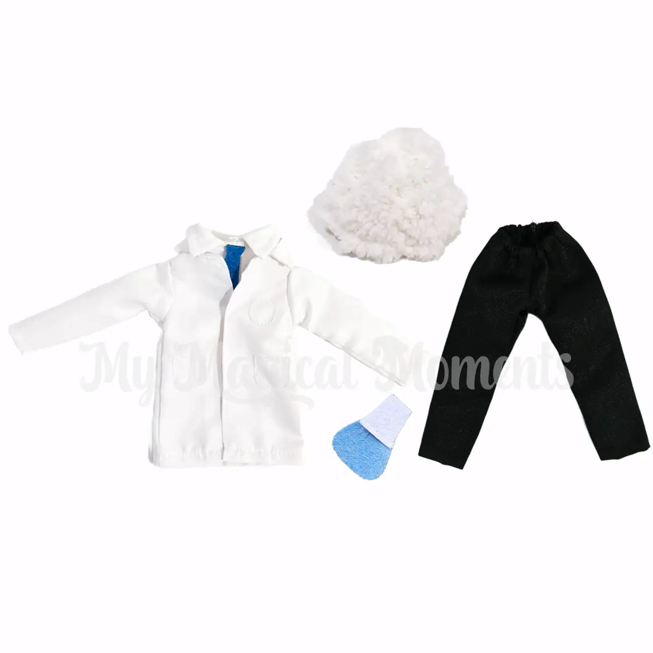 Elf Scientist Costume, Lab coat, wig, beaker and pants