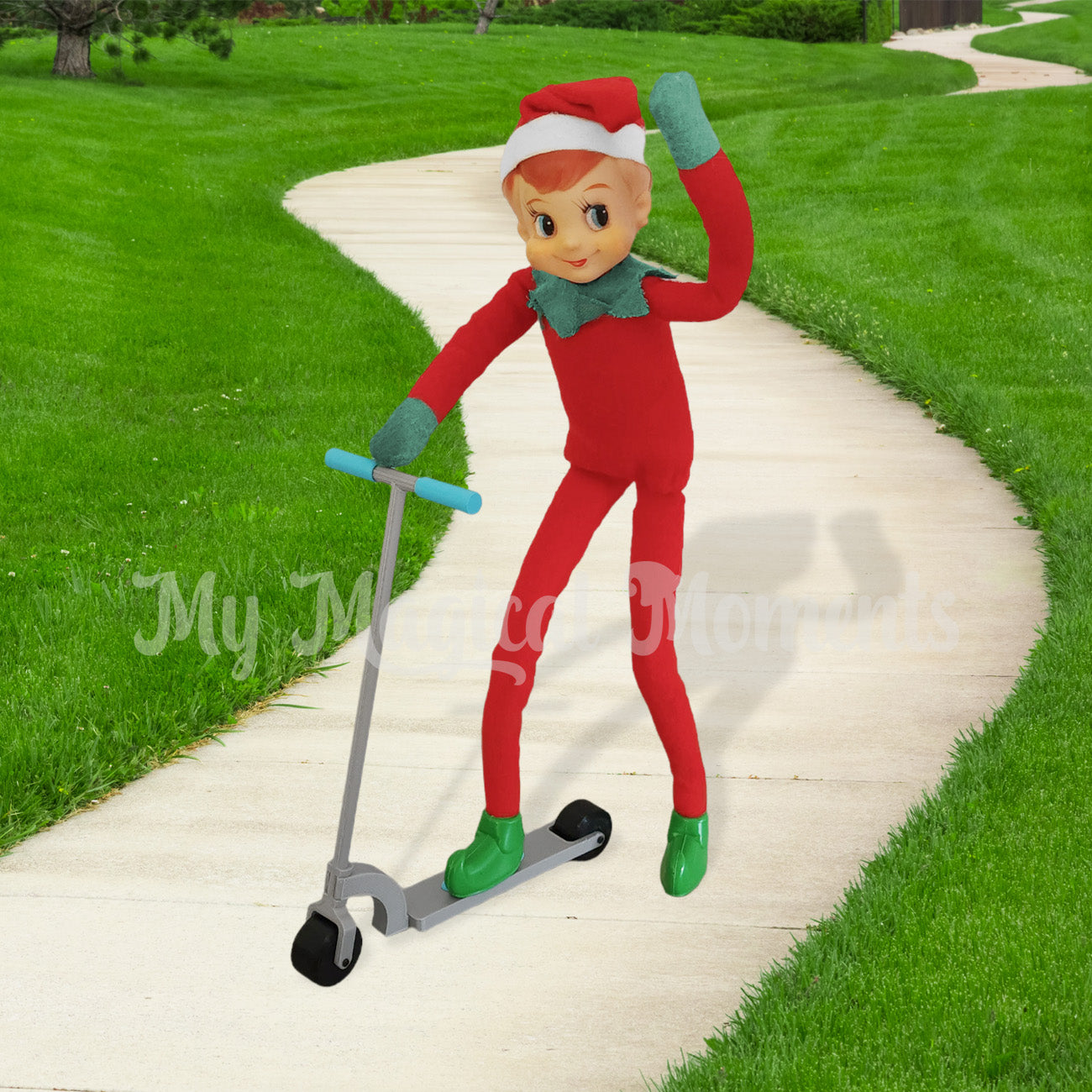 60s elf waving and using an elf sized scooter prop on a footpath