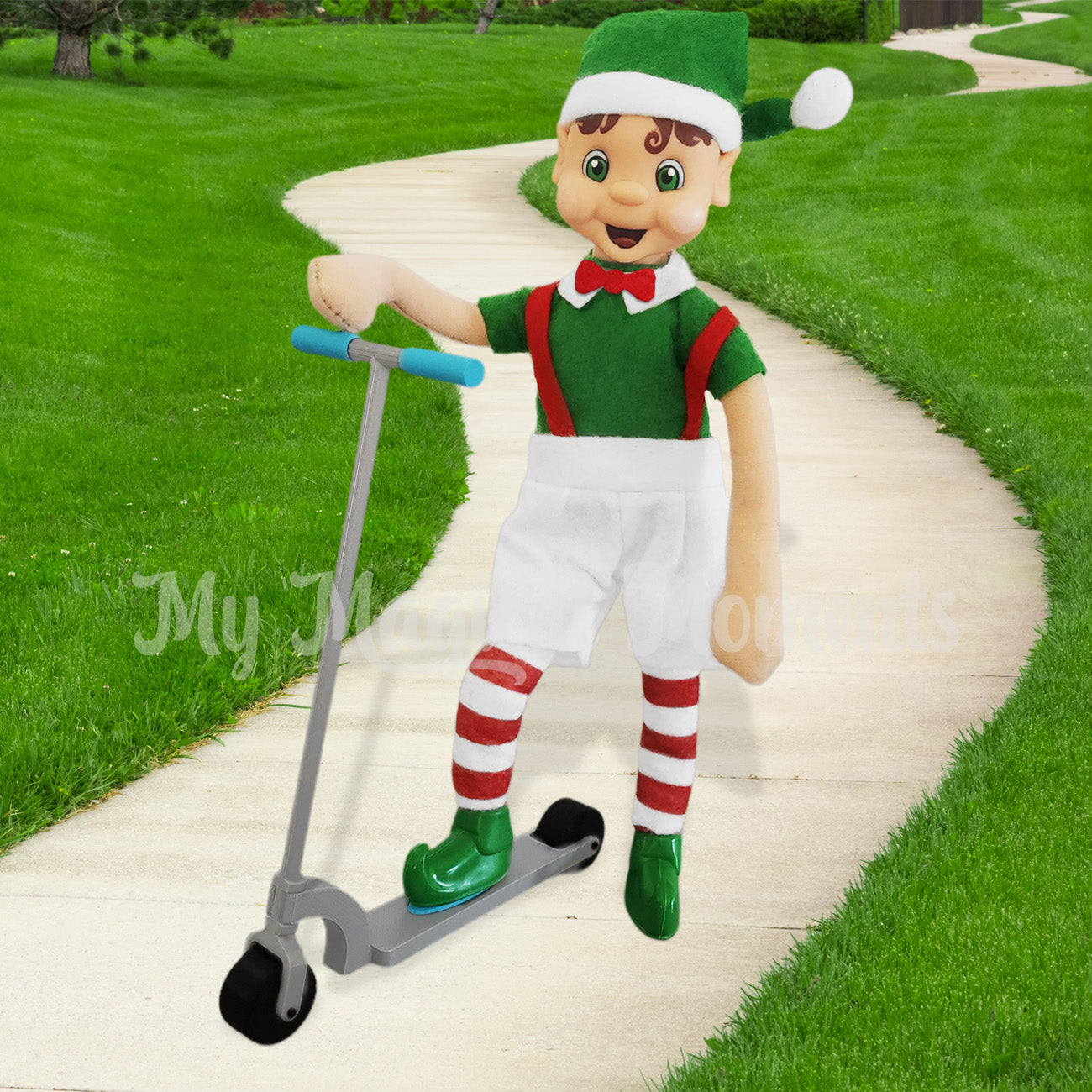 My elf friends using an elf sized scooter prop on a footpath