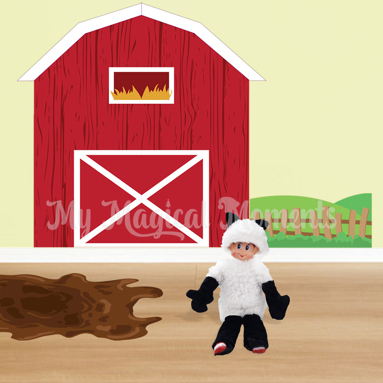 Elf dressed as a sheep in front of a printable barn