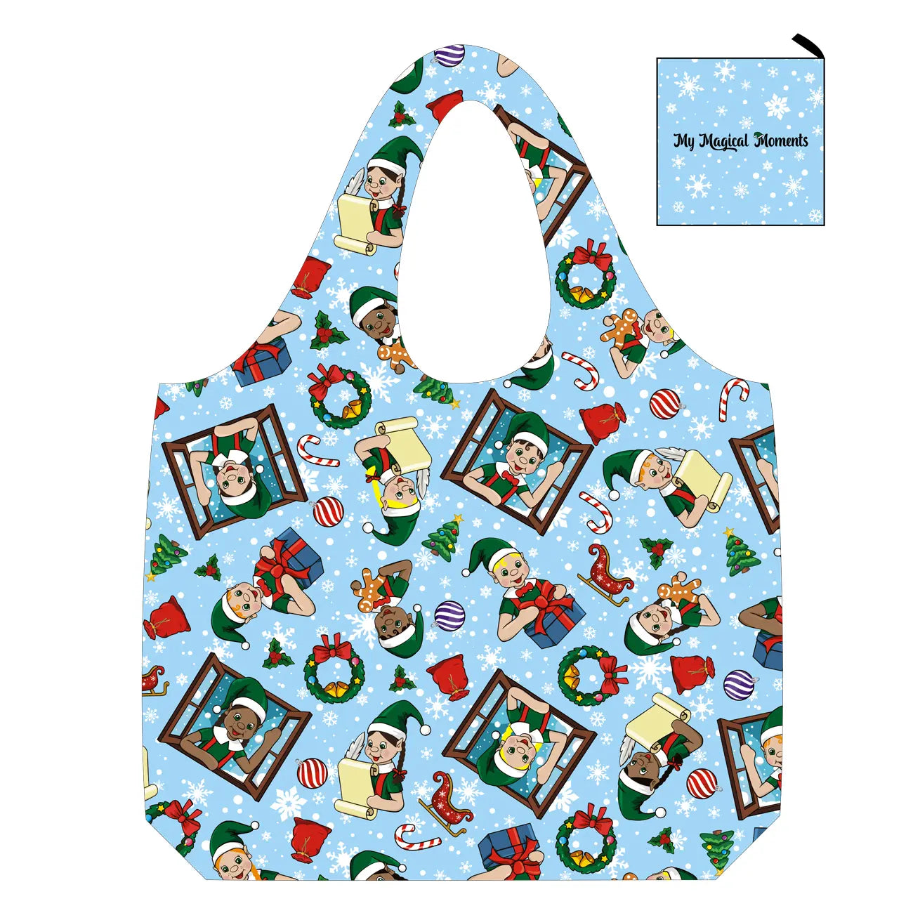 My Magical Moments Reusable Shopping Bag With My Elf Friends Bendable Standing Elves Christmas Scenes