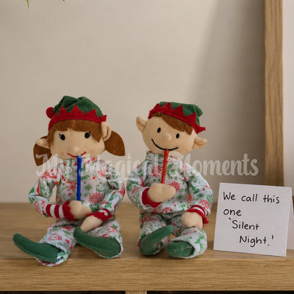 Elf For Christmas elves, wearing Christmas pjs, playing a little recorder prop with a sign saying we call this one SILENT NIght