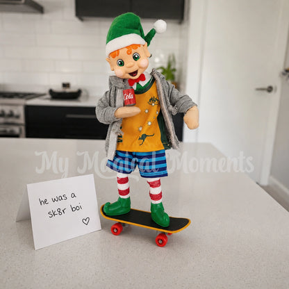 elf wearring a tracksuit jacket, board shorts, aussie singlet, drinking a can of cola with a sk8r oi sign