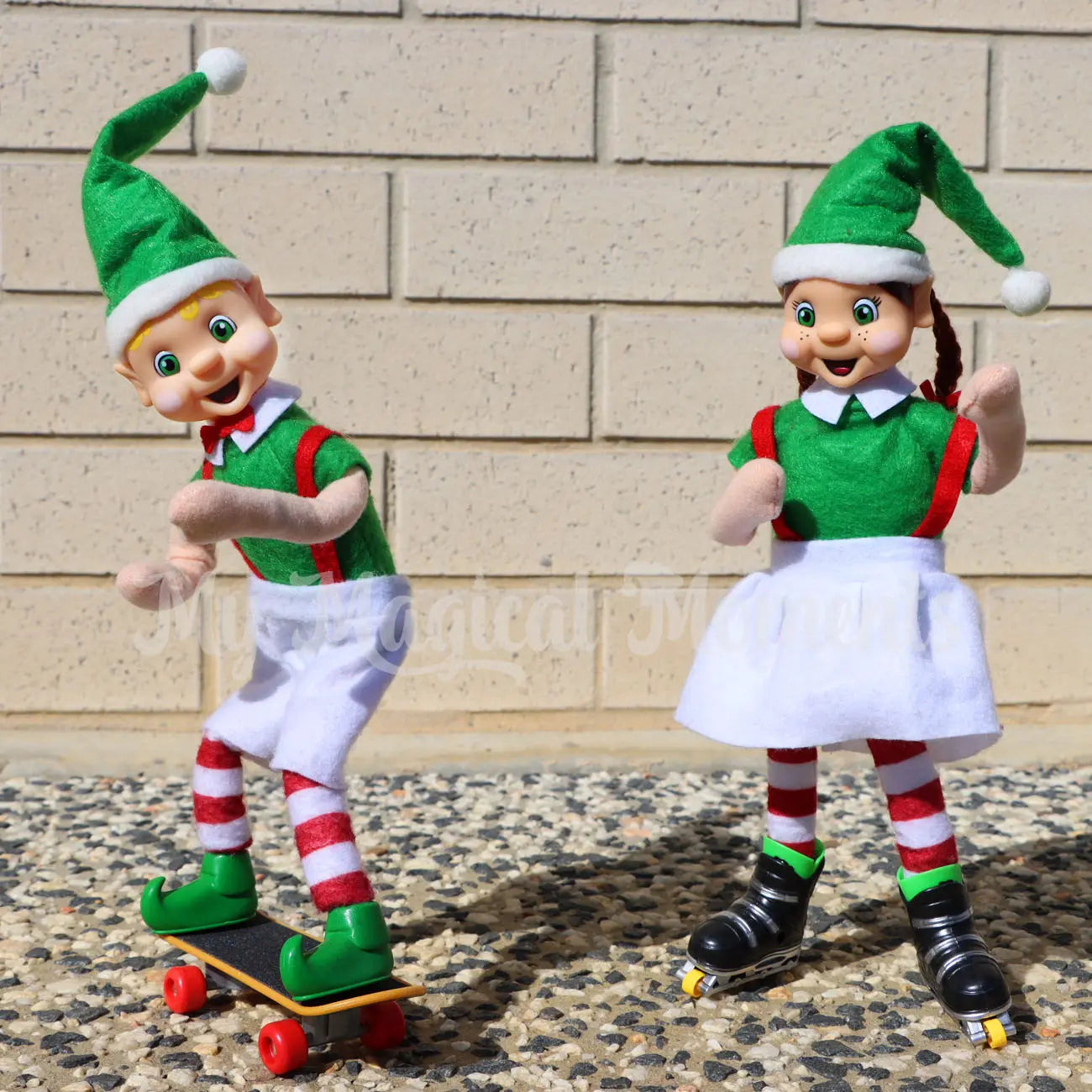 Elves skating on a miniature skateboard and elf sized rollerblades