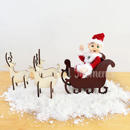 Brown Hair My Elf Friends wearing a Santa costume in a sleigh and with wooden reindeers
