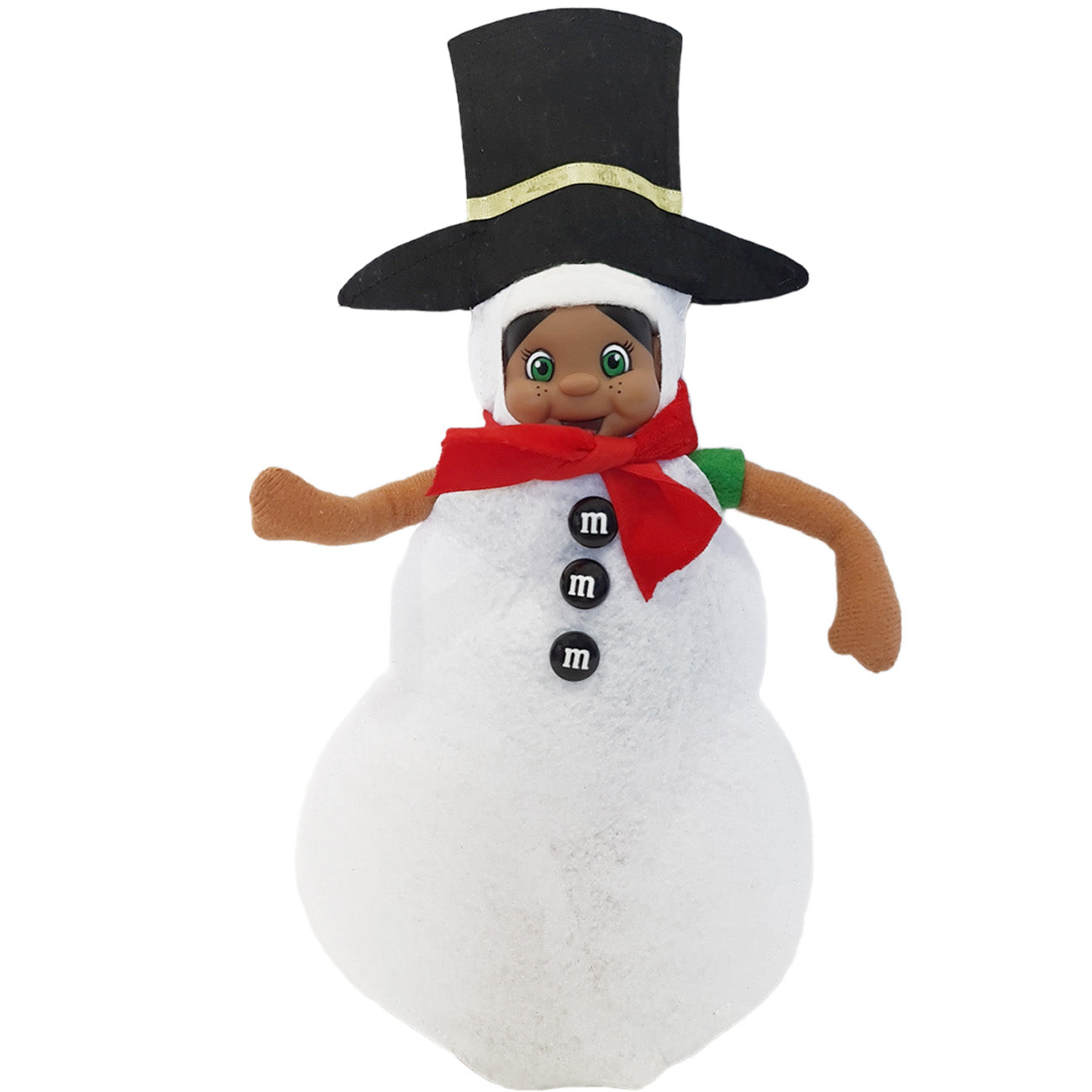 Elf wearing a snowman costume, black hat and red scarf
