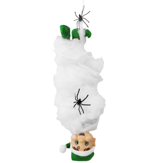 Elf caught upside down in a prank, elf spiderweb prop