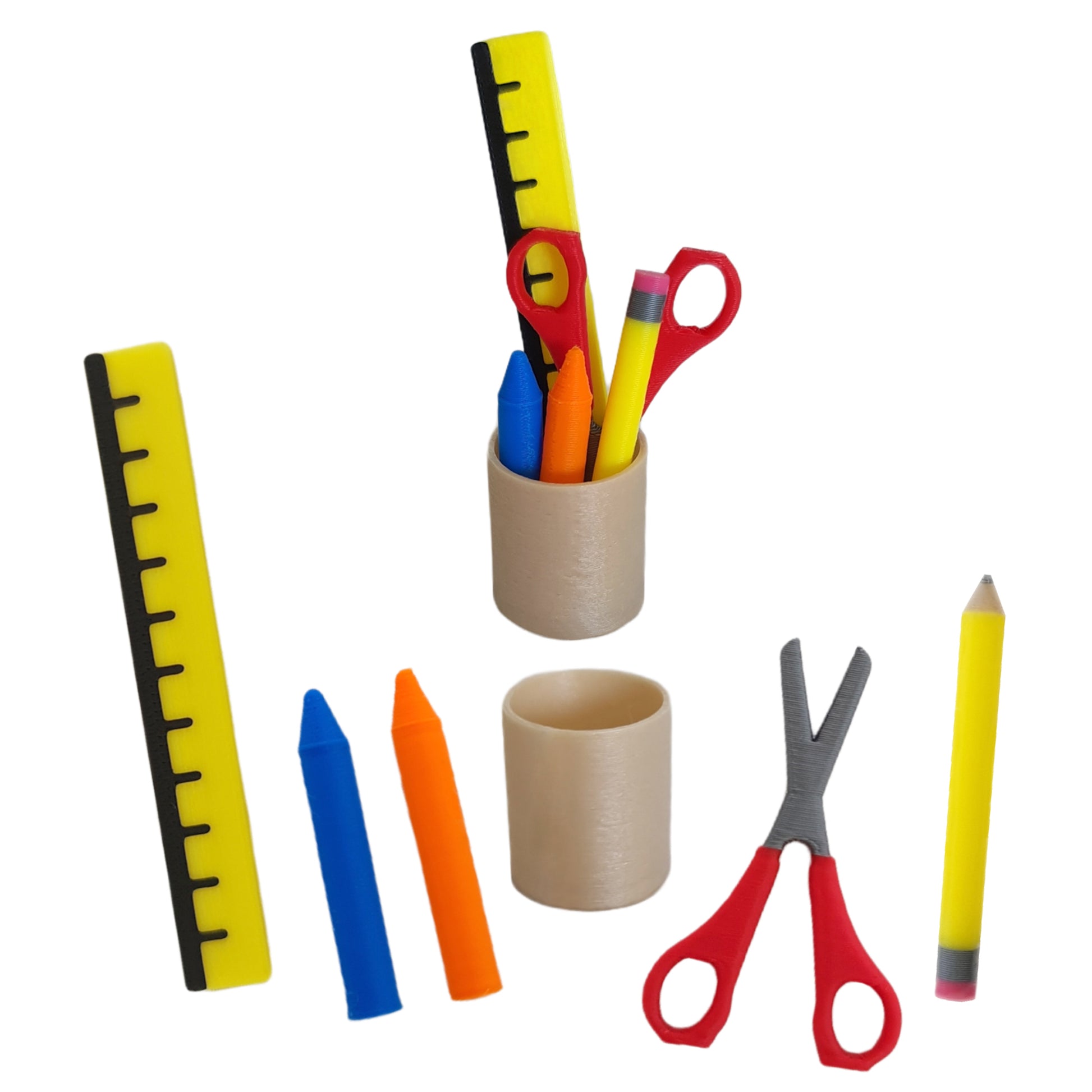 Stationery Set Elf prop, miniature ruler, crayons, tiny scissors, pencil and cup holder