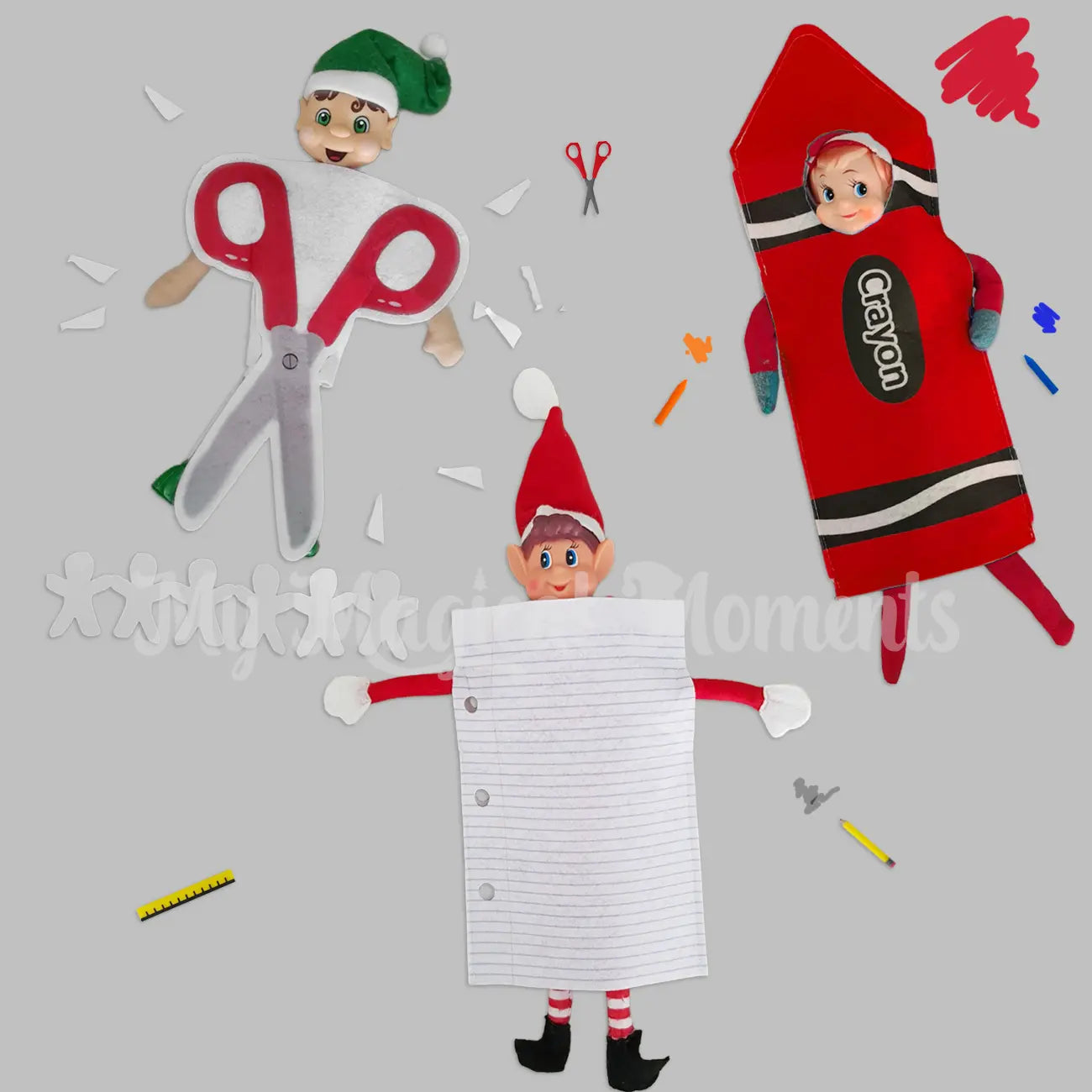 Elf costumes including rock outfit, paper outfit and red handled scissors