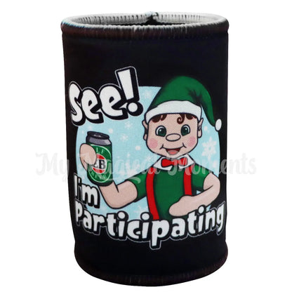 Stubby holder with elf design and text 'See! I'm Participating' My Magical Moments Stubby Holder Cooler