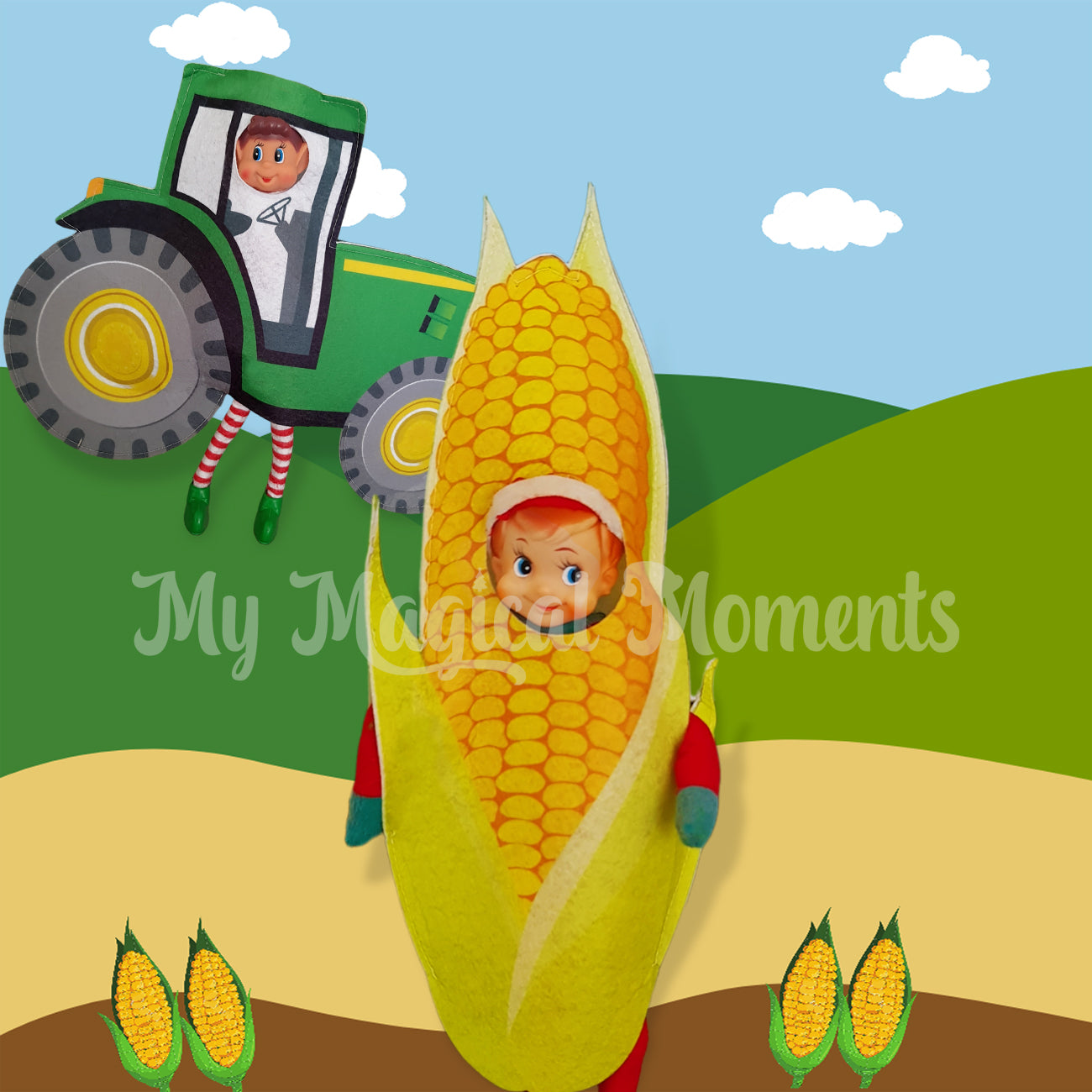 elf dressed as a corn and a tractor on a farm