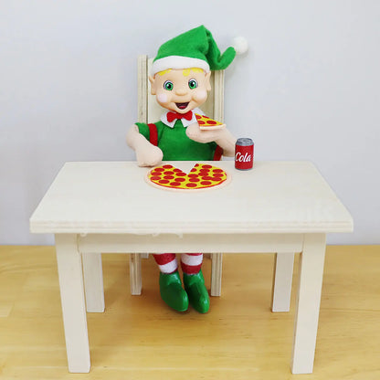 Blonde Hair bendable elf eating mini Pizza at a Dining table with a mini can of cola