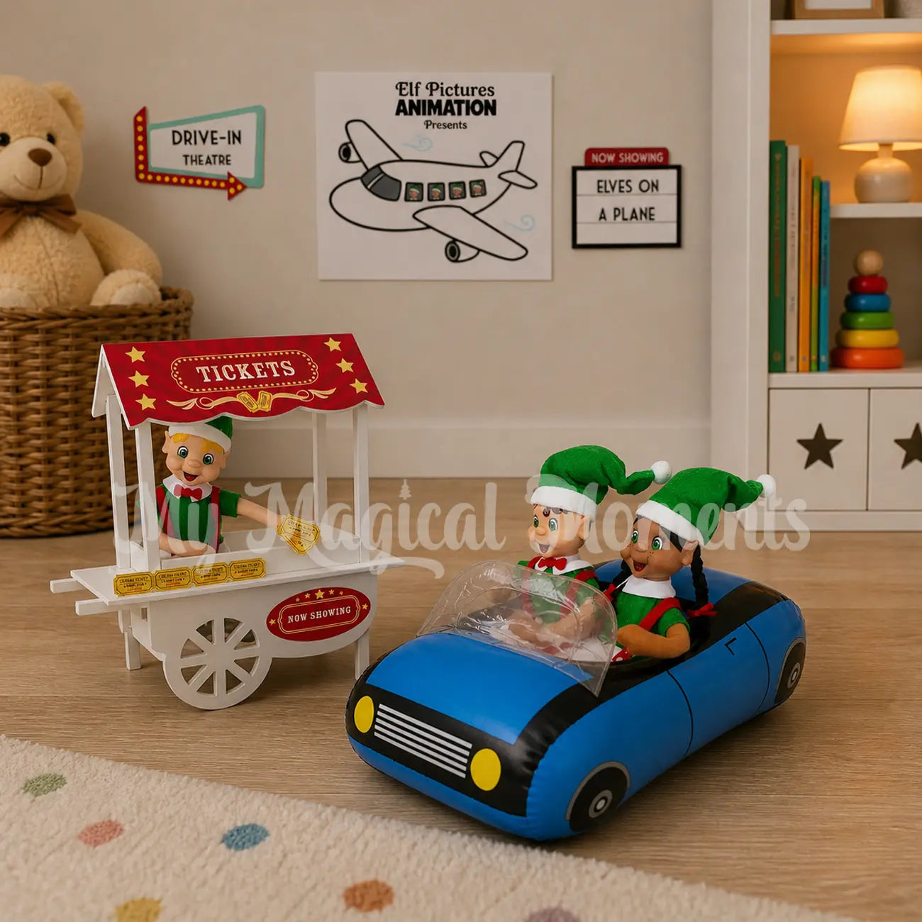 elves in a car buying tickets from a ticket booth for a drive in movie