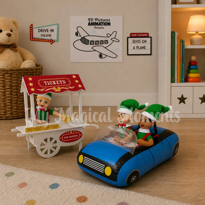 elves in a car buying tickets from a ticket booth for a drive in movie