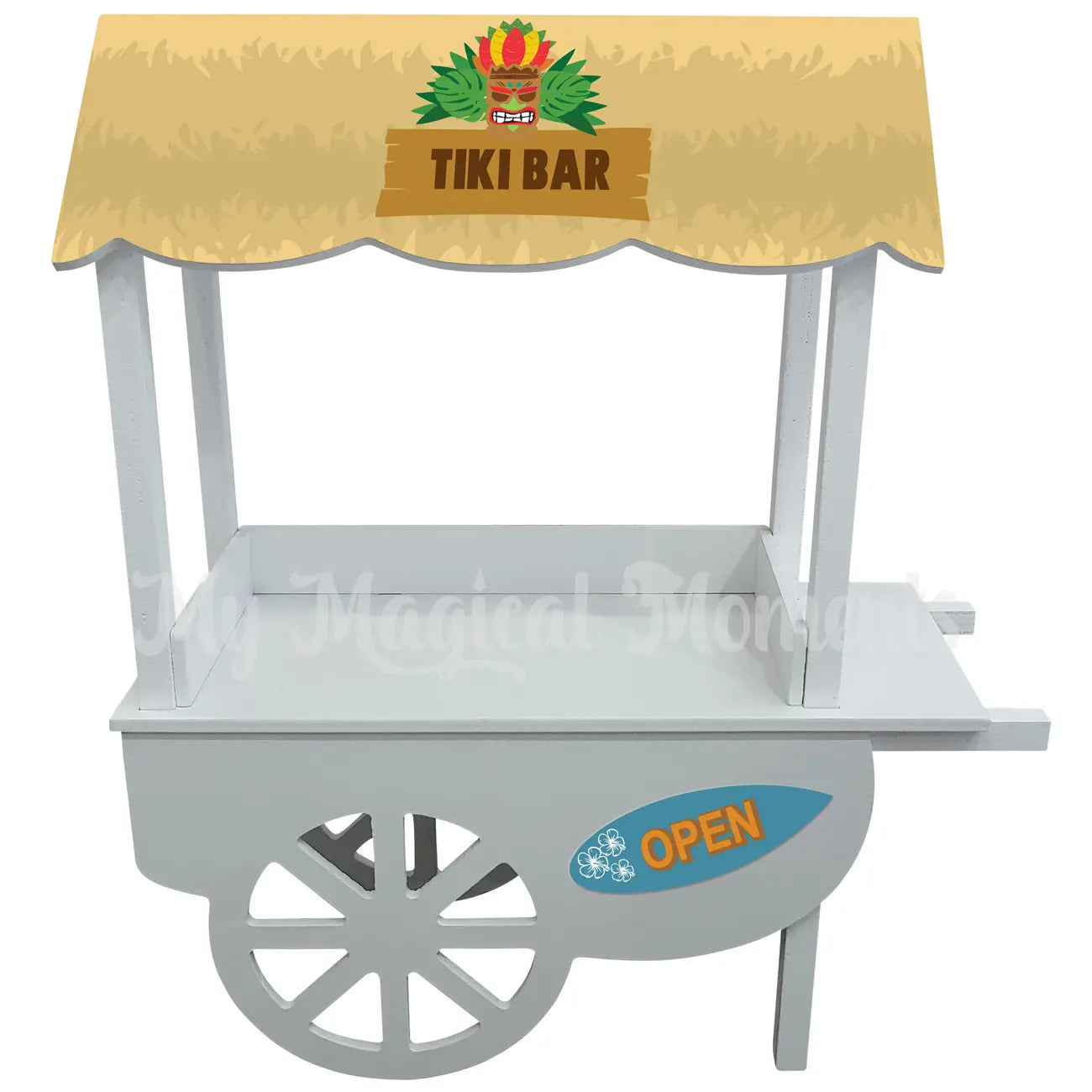 Tiki-themed cart with a yellow roof and 'Tiki Bar' sign on a white background Elf Prop printable