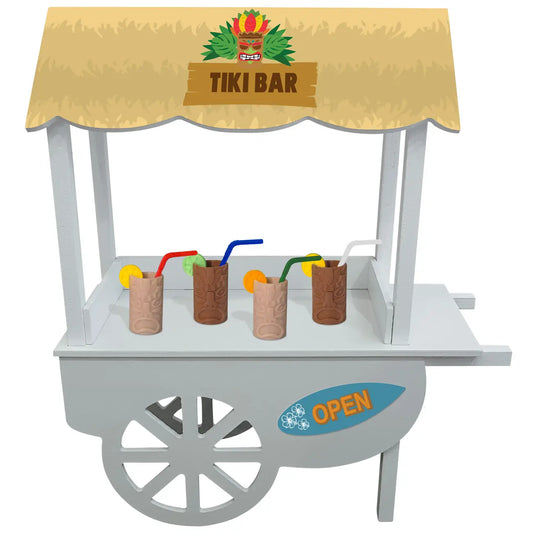 Elf Tiki bar cart with drinks and straws on a white background