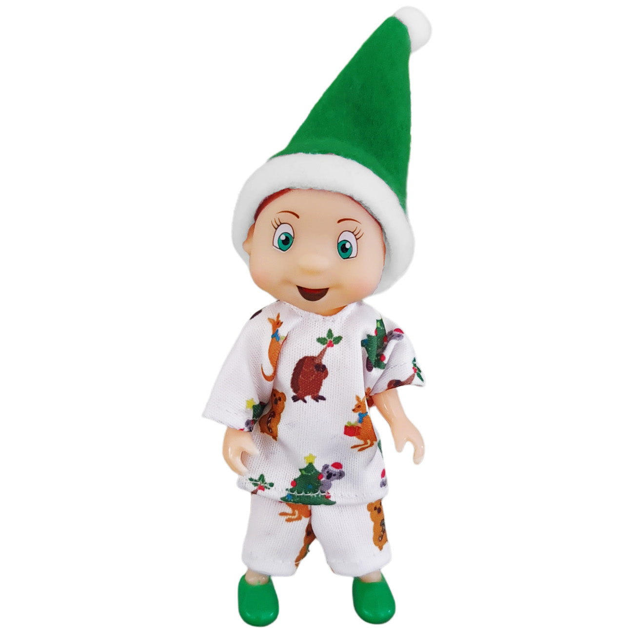 Elf Toddler dressed in aussie themed pyjamas