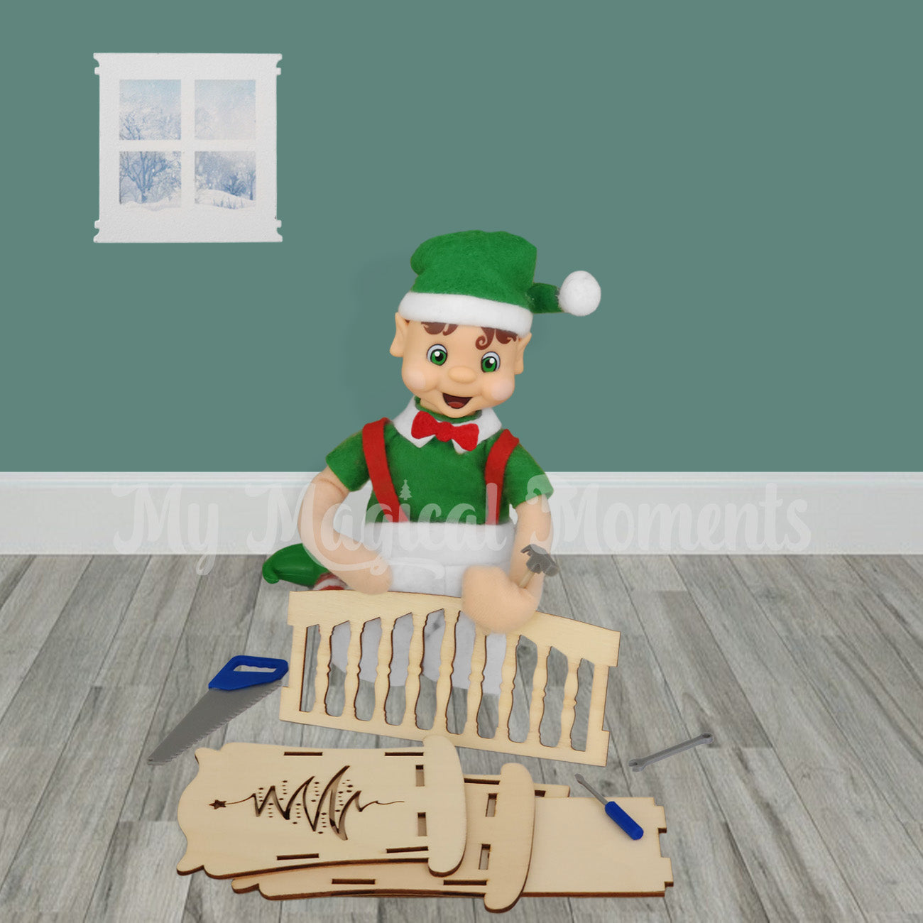 An elf building an elf baby cot in a room with their elf sized tools