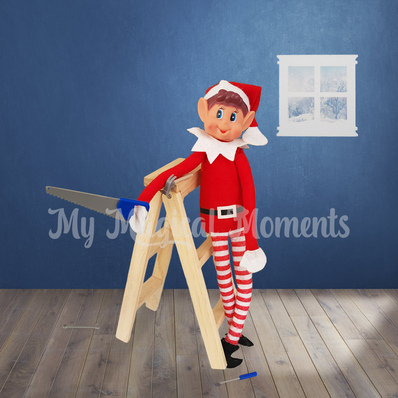 Elves behavin badly in a blue room with a ladder prop and saw