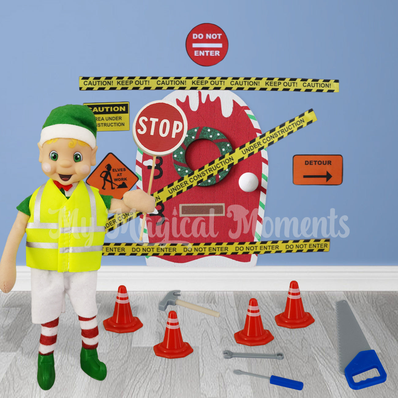 Road worker elf, door construction set up with miniature elf tools