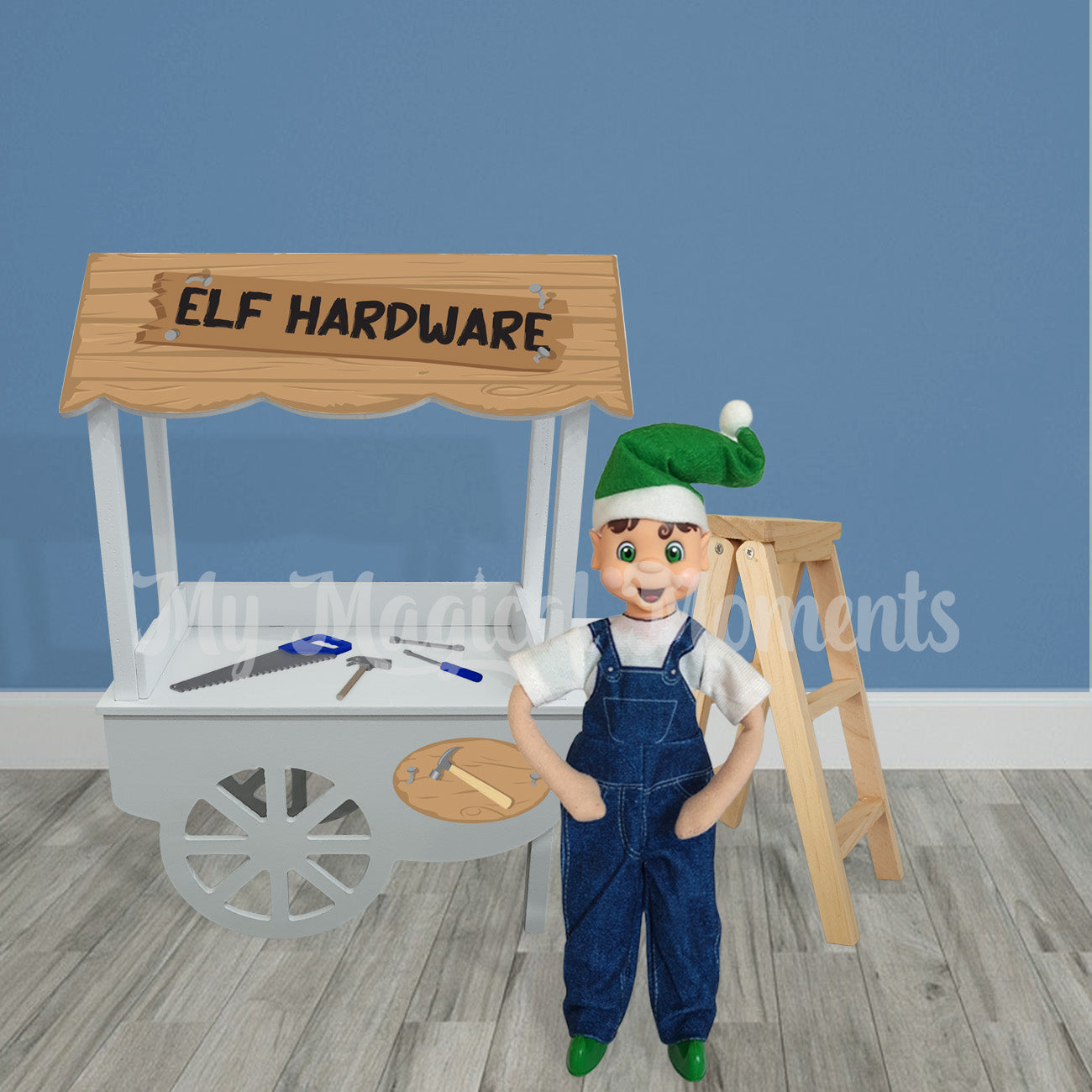 elf in overalls selling tools and a ladder at miniature hardware store