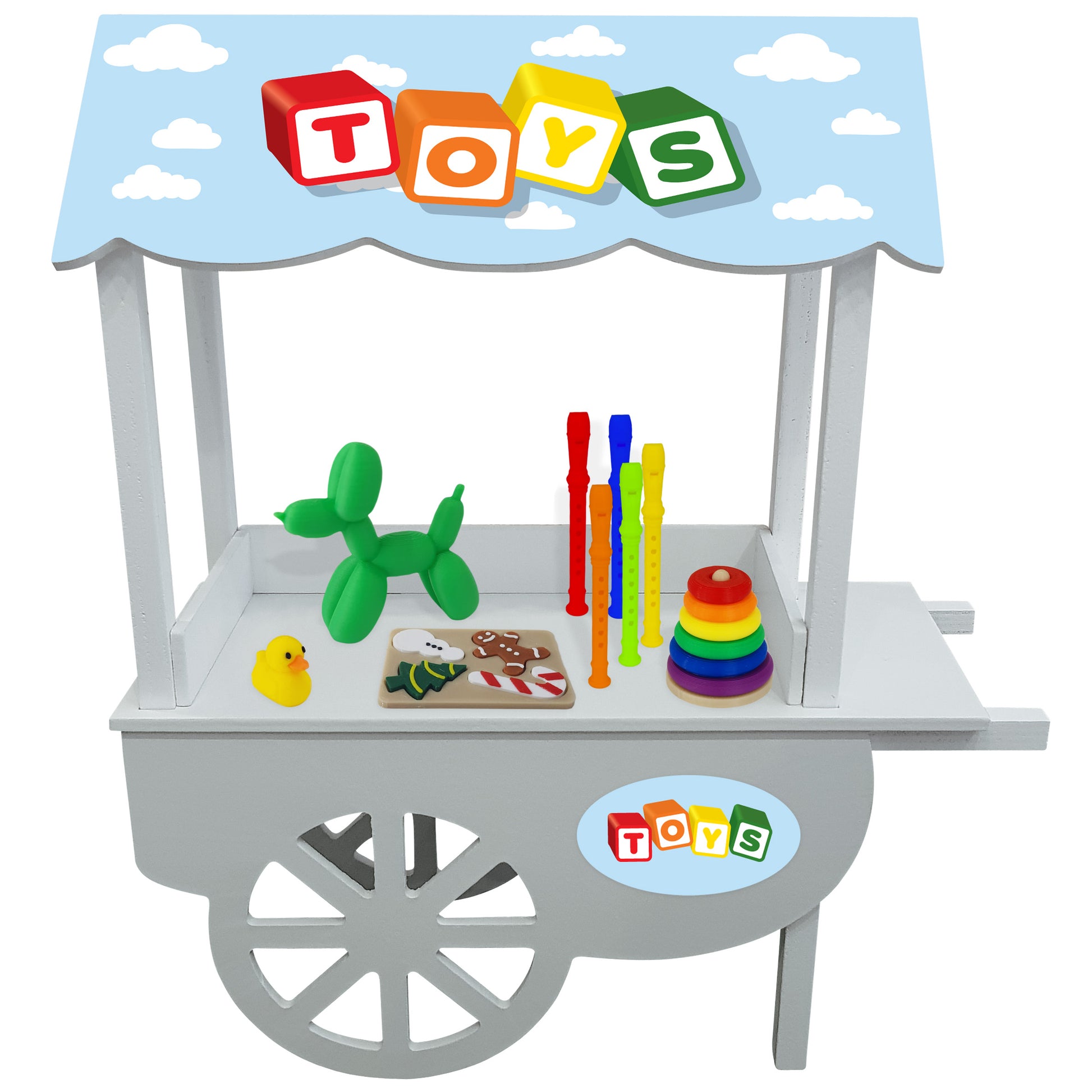Mini toy shop for elves selling a ring stacker toy, puzzle, mini rubber ducky, balloon dog and elf sized recorders