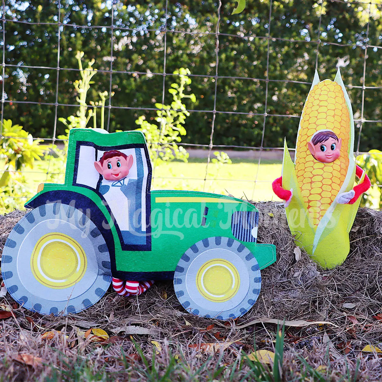 elf wearing a tractor costume and a corn costume in backyard