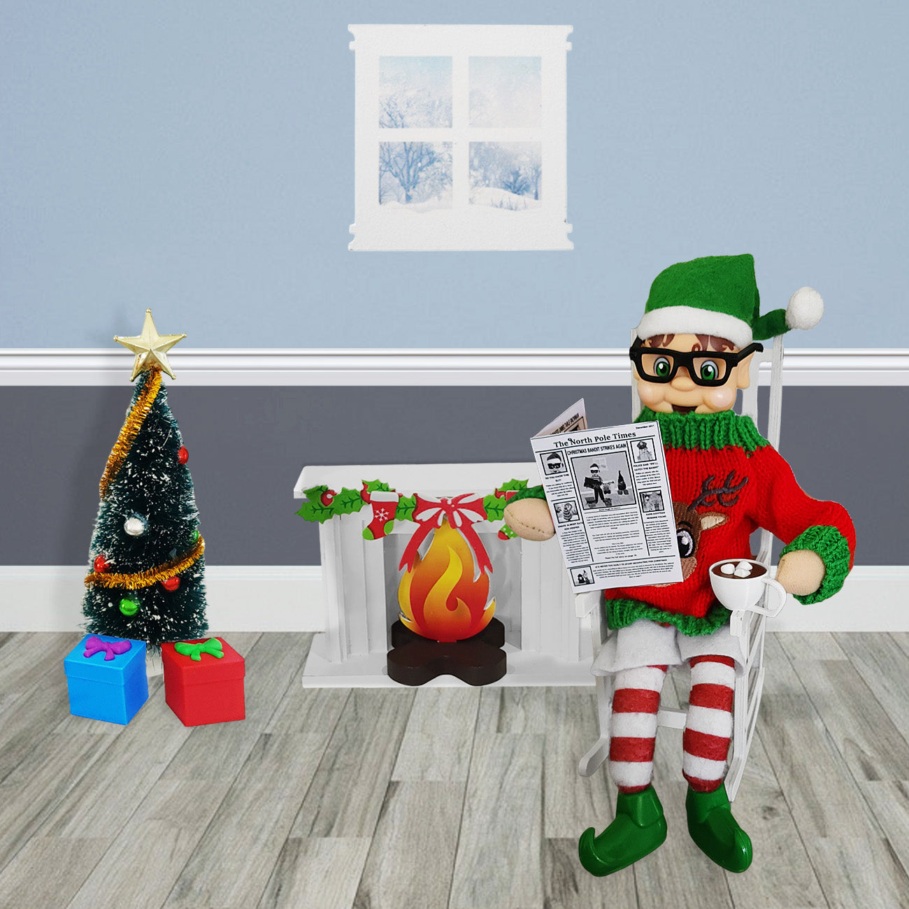 Boy elf wearing glasses, ugly sweater reading the newspaper in his elf house. A fireplace and tree is in his scene
