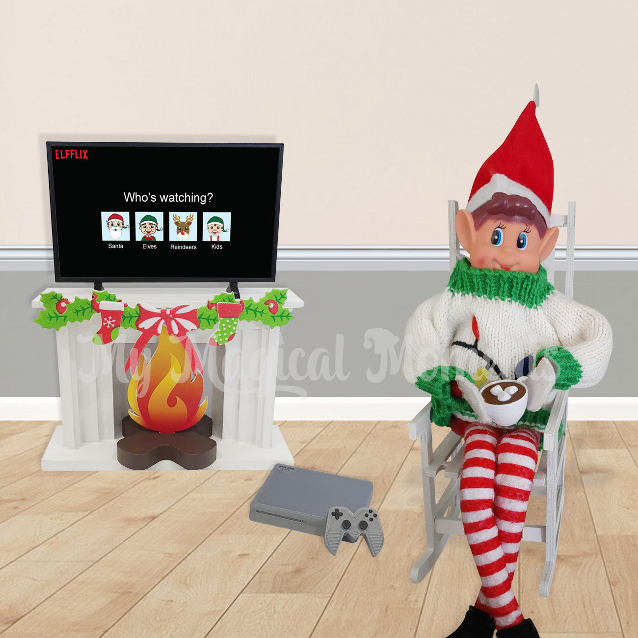 Elves behavin badly in a scene wearing a ugly sweater and a tv on a fireplace