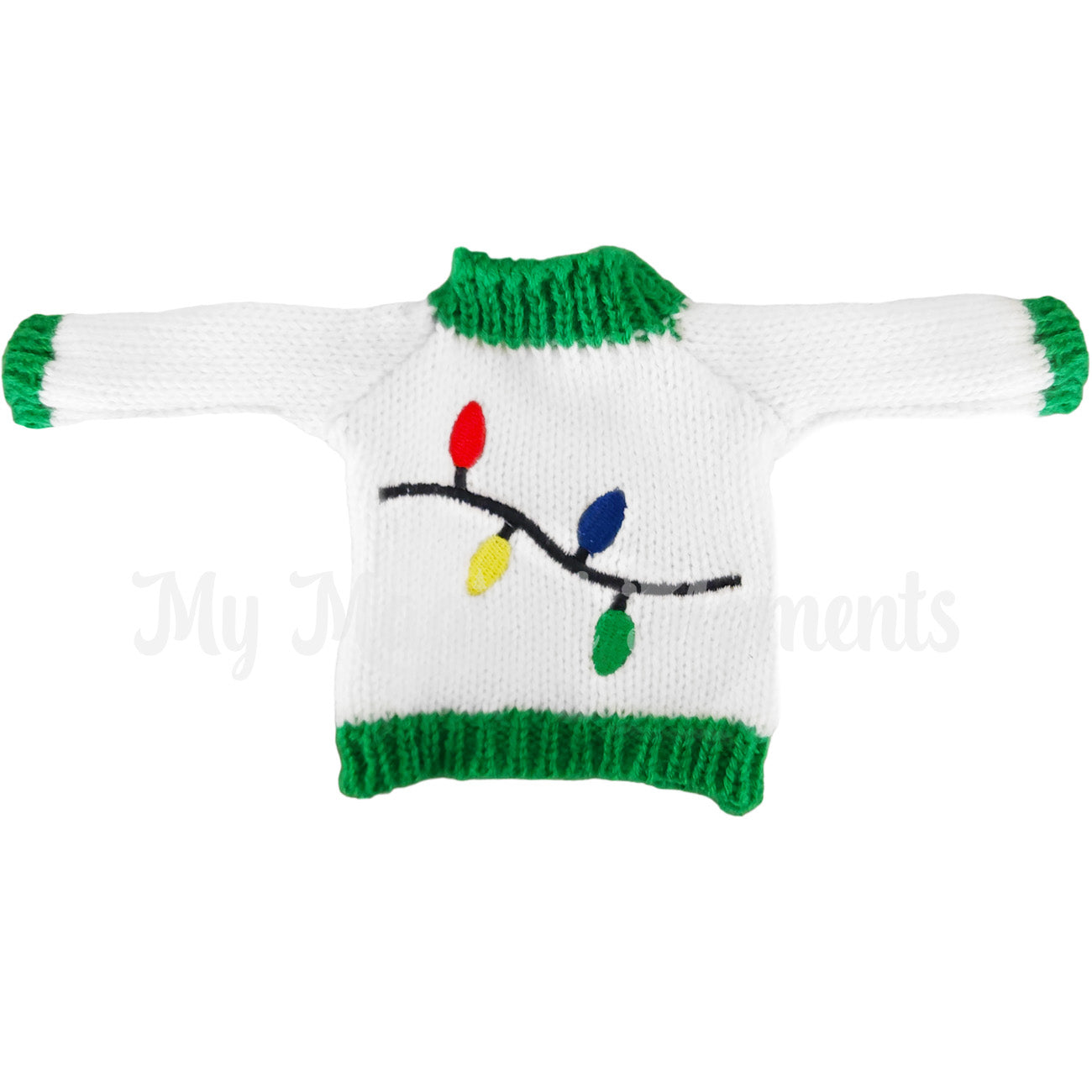 White and green elf ugly sweater with knitted lights