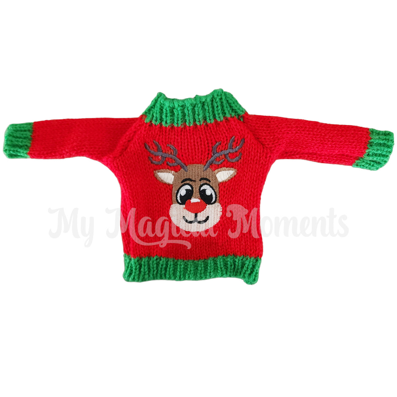 Red knitted elf sweater with reindeer pattern
