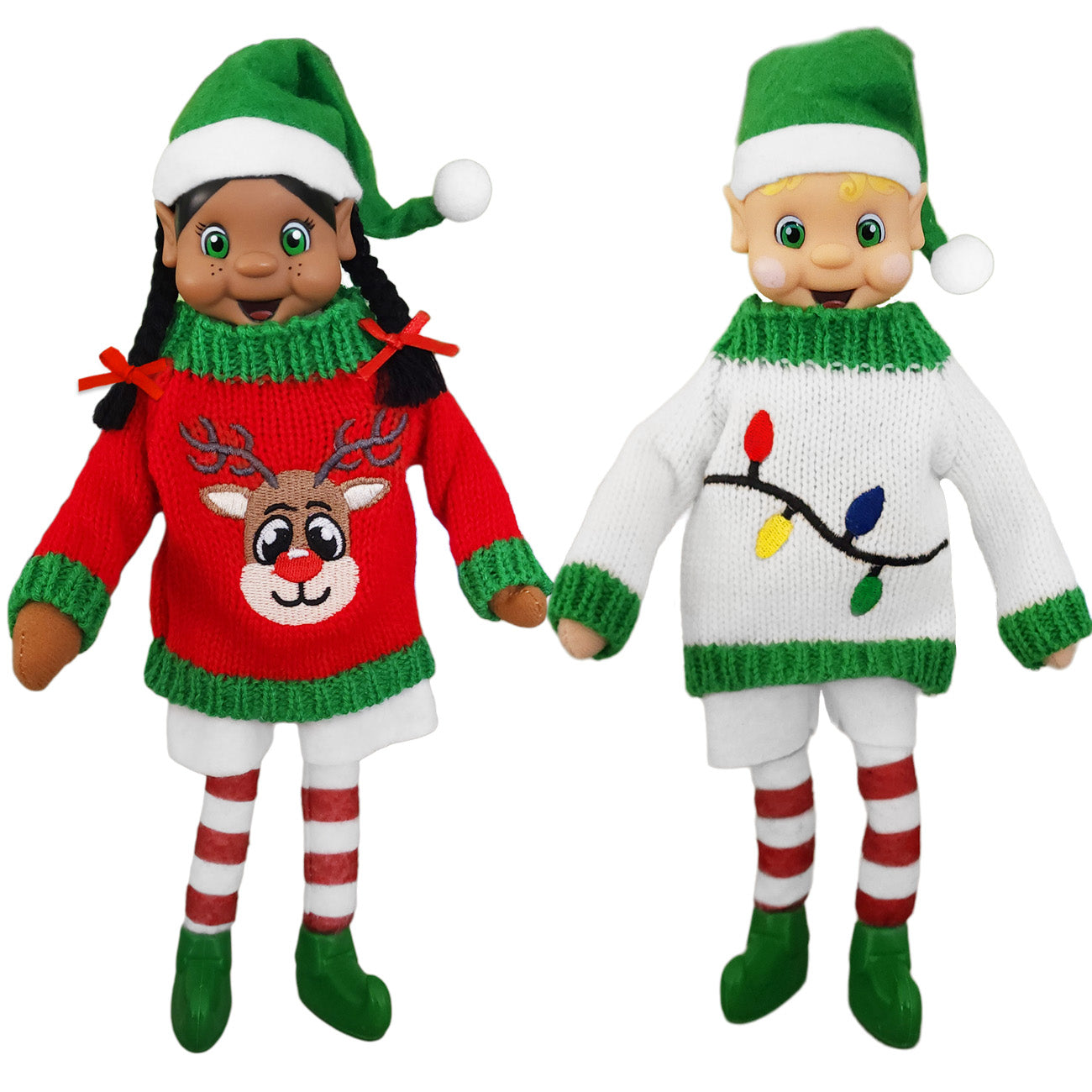 Elf sized ugly sweaters. Red reindeer warn by my elf friends, Lights sweater worn by my elf friends boy