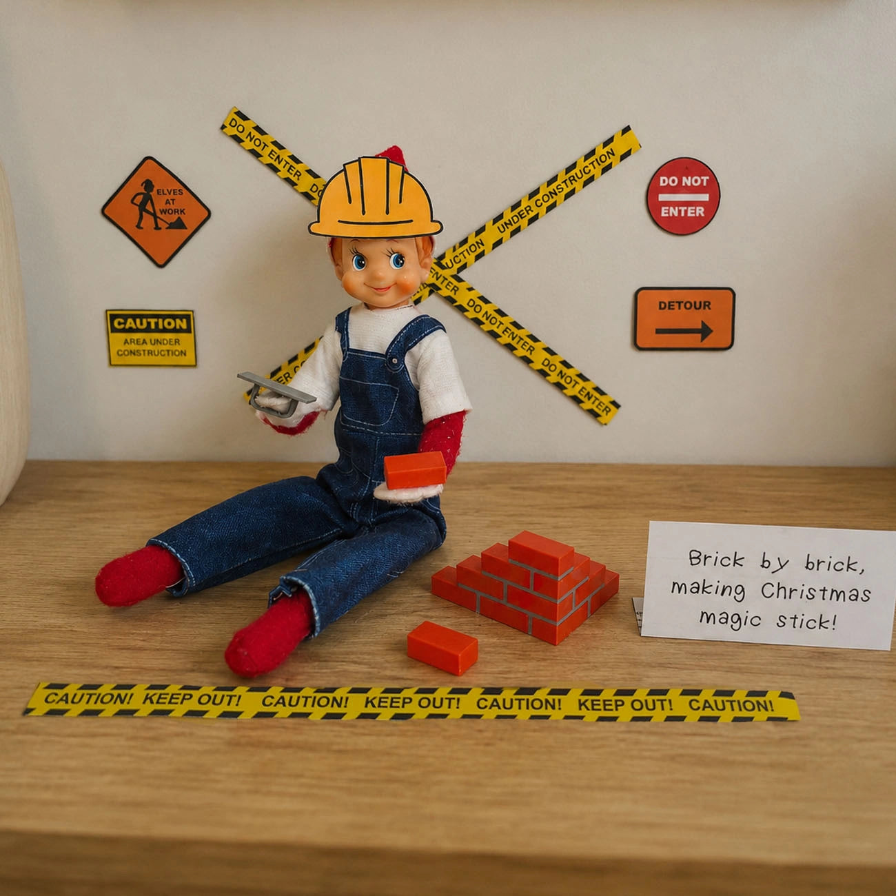 A Christmas-themed doll dressed as a construction worker sits on a wooden shelf with toy bricks, caution tape, and signs, including a handwritten note that reads 'Brick by brick, making Christmas magic stick!'.