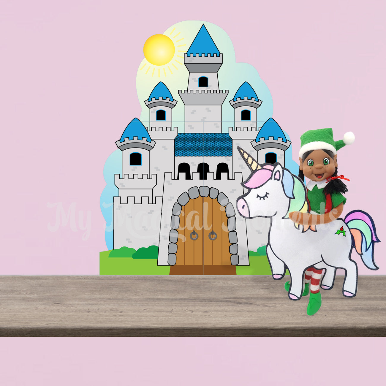 Unicorn dressed elf with a castle printable