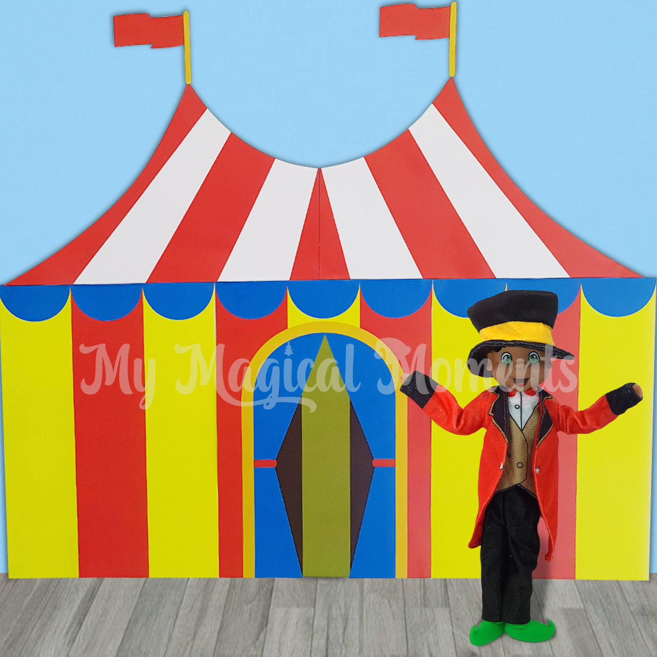 elf dressed as a ring leader in front of a circus tent printable