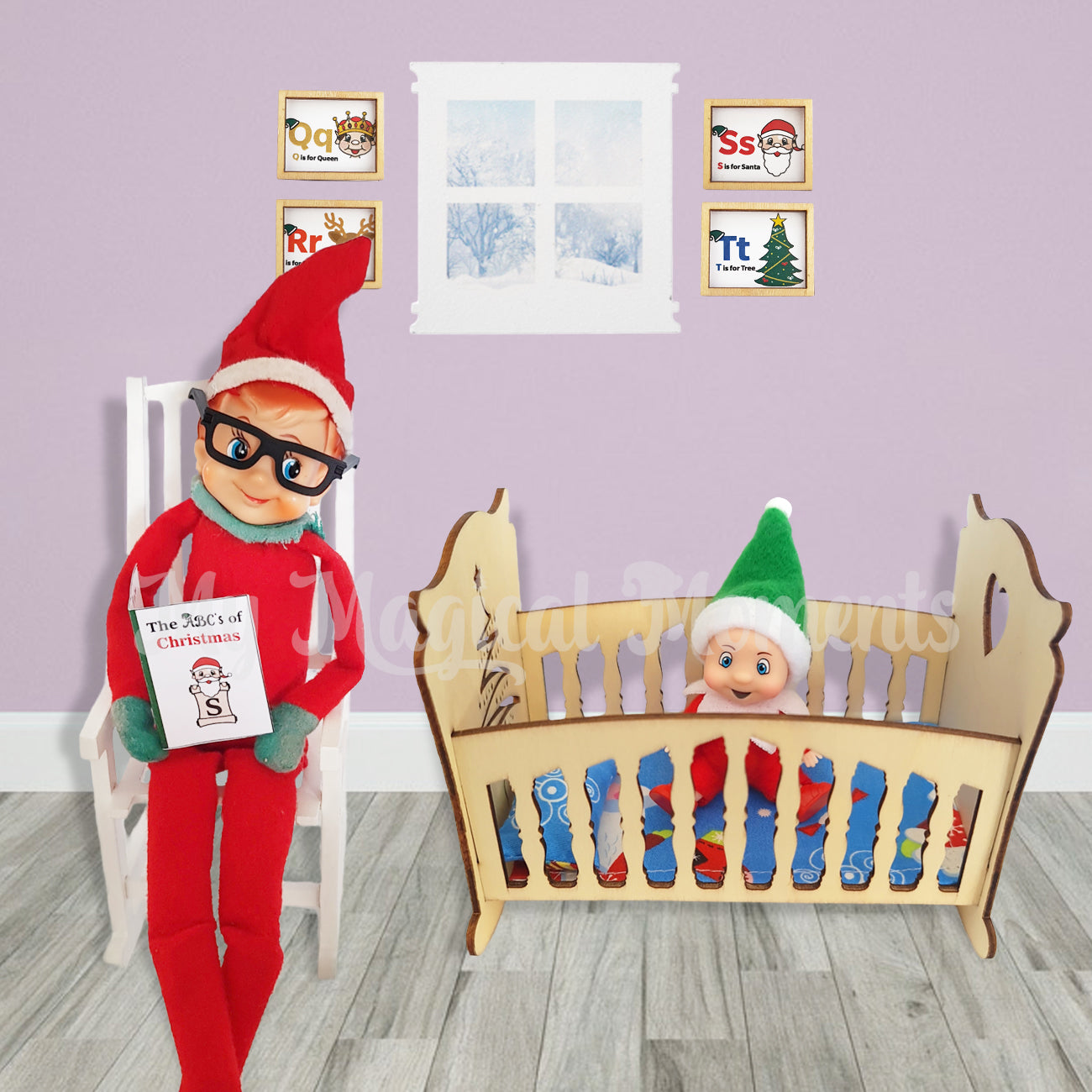 Elf reading an elf baby story in a miniature cot