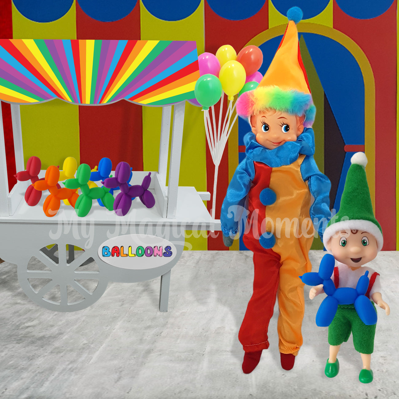 Vintage elf dressed in a clown costume handing out balloon animals to a elf toddler at the circus