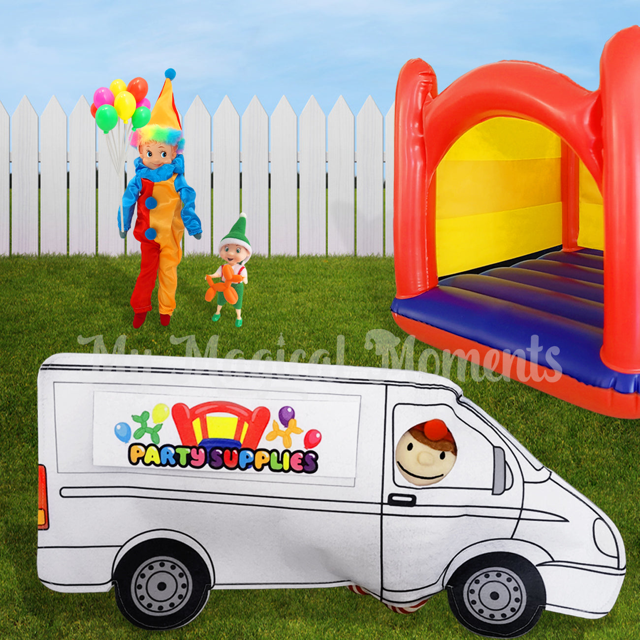 Party scene including a jumping castle elf prop, a elf dressed as a clown holding balloons and toddler elf. There is an elf for christmas dressed as a party supply van